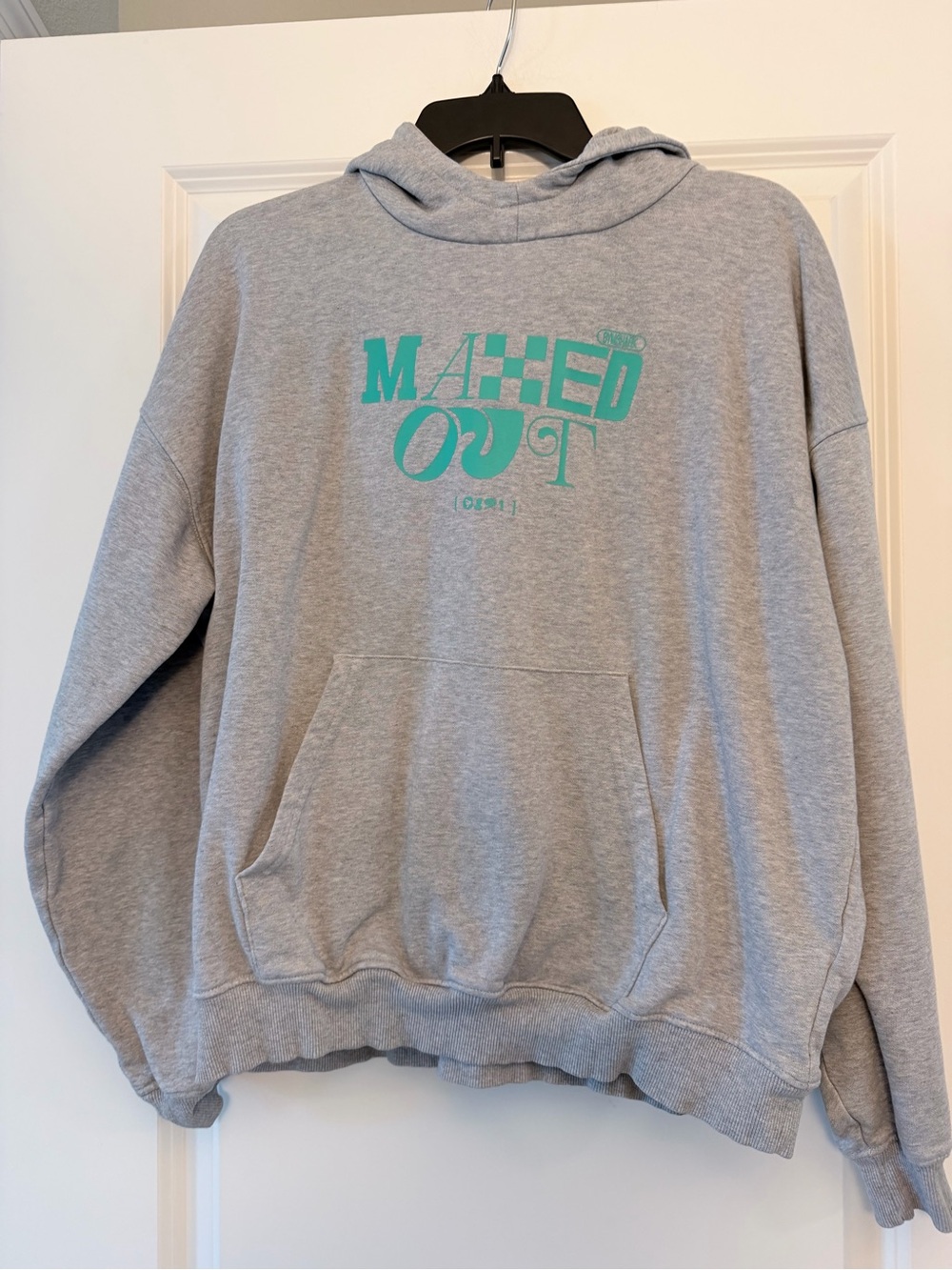 Gymshark Maxed Out Oversized Hoodie XS Light Grey Marl Teal Graphic